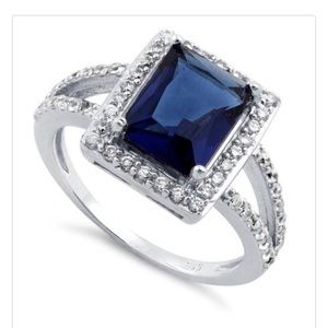 Sterling Silver Sapphire Rectangular Halo CZ Ring